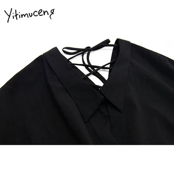 Yitimuceng Varčias Mini Suknelės Moterų Plius Dydis-ilgomis Rankovėmis Backless-Line Black įvarstyti Atsitiktinis Pavasarį, Vasarą, Rudenį 2021