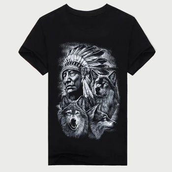 YK DĖDĖ Prekės 2018 Mados Indijos Vyriausiasis & Wolf Totem 3D Atspausdintas marškinėliai Cool Medvilnės marškinėliai Vyrams Roko marškinėlius Plius Dydis M-XXXL