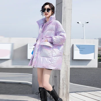 YNZZU korėjos Stiliaus 2020 M. Žiemos Gradientas Elegantiškos moteriškos pūkinės Striukės Prarasti Kišenės Stovėti Apykaklės Šiltą Ančių Pūkų Paltai Outwears A1634