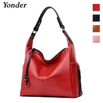 Yonder prekės ženklo moterų rankinės, natūralios odos nešti maišą didelės talpos moterų pečių krepšiai, rankinės ponios krepšys Juoda/Raudona