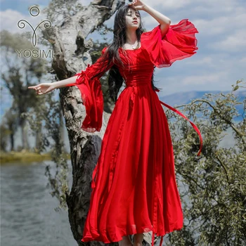 YOSIMI 2019 m. Vasarą Maxi Suknelė Elegantiška Baltos spalvos Šifono Ilgai Moterų Suknelė Šalis, O-kaklo Raudonas Drugelis Visą Rankovės Moterų Vestido Ilgai