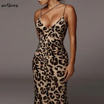 Yuqung leopardas spausdinti seksualus bodycon ilga suknelė 2020 m. pavasarį, vasarą moterys streetwear dirželis rankovių klubas šalies maxi suknelė drabužius