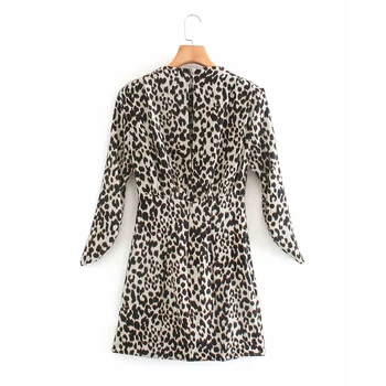 Za 2020 Leopardas Spausdinti Mini Suknelė Moterims Rudens Mados Su Peties Pagalvėlės Aukšto Kaklo, Ilgomis Rankovėmis Suknelės Ponios Elegantiška Suknelė