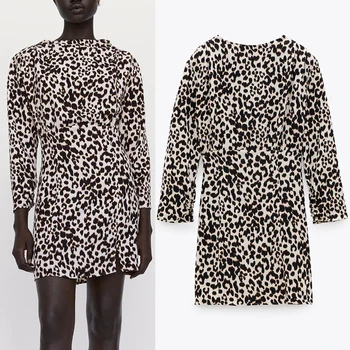 Za 2020 Leopardas Spausdinti Mini Suknelė Moterims Rudens Mados Su Peties Pagalvėlės Aukšto Kaklo, Ilgomis Rankovėmis Suknelės Ponios Elegantiška Suknelė