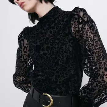 ZA palaidinė marškinėliai moterims juodas Leopardas spausdinti viršūnes žr.-per šifono rankovės Atsitiktinis ponios palaidinė moteriška moteris drabužiai