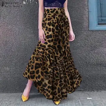ZANZEA 2021 Mados Vasaros Maxi Sijonai Moterų Leopard Sundress Aukšto Juosmens Ilgai Vestidos Moterų Spausdinti Skraiste, Negabaritinių 5XL