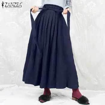 ZANZEA Mados Long Maxi Sijonai, Elegantiškas Plisuotos Mujer Faldas Moterų Aukšto Juosmens Juostinės Apačioje 2021 Moterų Derliaus Kietas Sijonai