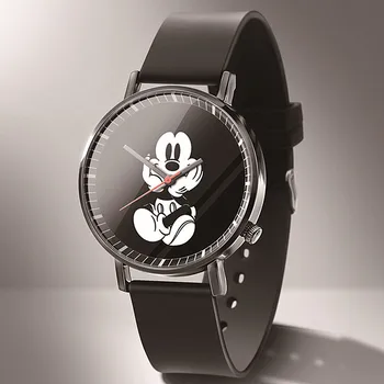 Zegarek damski Naujas Mados Mickey Moterų žiūrėti animacinių filmų vaikams, kvarciniai Laikrodžiai Reloj Juodos Odos Ultra-plonas moteris žiūrėti часы