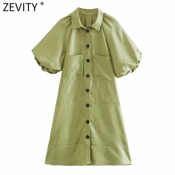 Zevity 2021 Moterų Mados Dvigubos Kišenės Pleistras Klostes Mini Suknelė Office Elegantiškos Moters Žibintų Rankovės Atsitiktinis Slim Vestido DS4962