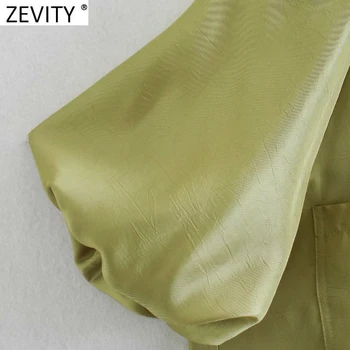Zevity 2021 Moterų Mados Dvigubos Kišenės Pleistras Klostes Mini Suknelė Office Elegantiškos Moters Žibintų Rankovės Atsitiktinis Slim Vestido DS4962