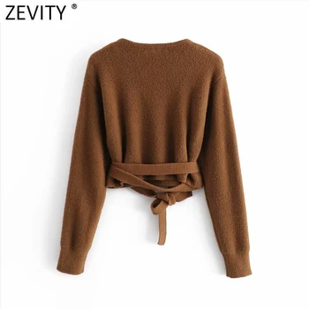 Zevity 2021 Moterų Mados Kryžiaus V Kaklo Vientisos Spalvos Trumpas Mezgimo Megztinis Moteriška Elegancija Ilgomis Rankovėmis Hem Lankas Susieta Slim Viršūnes S621