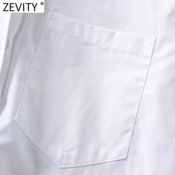 Zevity 2021 Moterų Plisuotos Hem Nereguliarus Dizainas Baltas Smock Palaidinė Office Ponios ilgomis Rankovėmis Kišenėje, Marškiniai, Elegantiškos Blusas Viršūnes LS7693