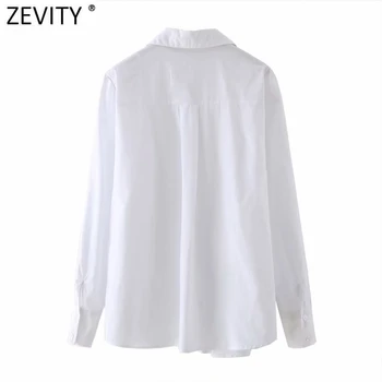 Zevity 2021 Moterų Plisuotos Hem Nereguliarus Dizainas Baltas Smock Palaidinė Office Ponios ilgomis Rankovėmis Kišenėje, Marškiniai, Elegantiškos Blusas Viršūnes LS7693