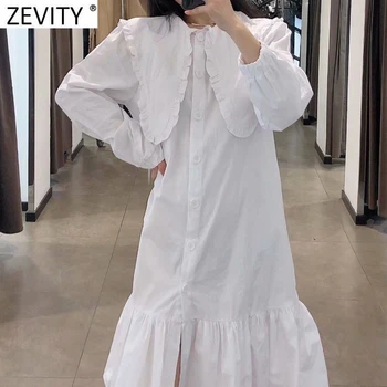 Zevity 2021 Moterų Saldus Didelis Peter Pan Apykaklės Hem Klostyti Raukiniai Balta Shirtdress Moterų Agaro Nėrinių Vestidos elegantiškos Suknelės DS4957