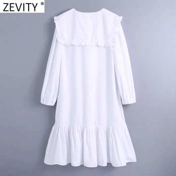 Zevity 2021 Moterų Saldus Didelis Peter Pan Apykaklės Hem Klostyti Raukiniai Balta Shirtdress Moterų Agaro Nėrinių Vestidos elegantiškos Suknelės DS4957