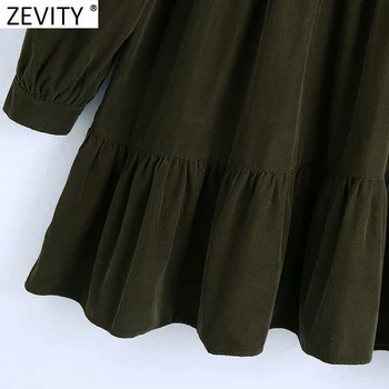 Zevity Naujas 2021 Moterų Pasukite Žemyn Apykaklės Mygtukai Velvetas Tiesiai Suknelė Prairie Prašmatnus Sluoksniuotos Rankovėmis Vestido Klostes Mini Suknelė DS4940