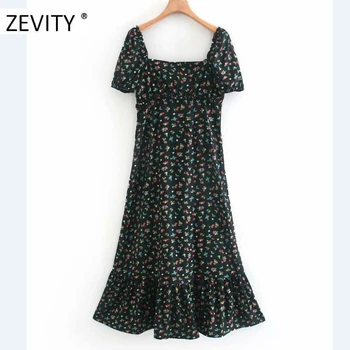 Zevity Naujas Moterų derliaus gėlių spausdinti padalinta midi suknelė moterų sluoksniuotos rankovėmis klostes atsitiktinis slim vestidos elegantiškos Suknelės, šaliai, DS4196