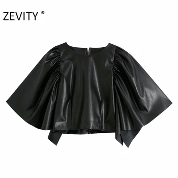 Zevity Naujas moterų derliaus, o kaklo plisuotos drugelis rankovės PU odos trumpa palaidinė chic ponios atsitiktinis marškinėliai femininas viršūnes LS7058