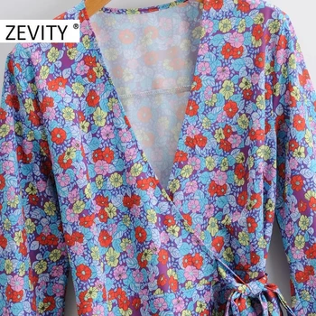Zevity Naujas Moterų Elegantiškas Kryžiaus V Kaklo Gėlių Spausdinti Atsitiktinis Slim Kimono Midi Suknelė Moterų Žibintų Rankovės Lankas Susieta Vestido DS4590