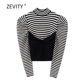 Zevity naujas moterų vintage spalvos mathcing kratinys dryžuotas mezgimo megztinis ponios puff skeeve megztiniai prašmatnus puloveriai viršūnes S306