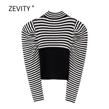 Zevity naujas moterų vintage spalvos mathcing kratinys dryžuotas mezgimo megztinis ponios puff skeeve megztiniai prašmatnus puloveriai viršūnes S306