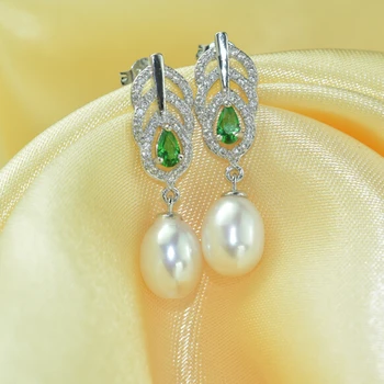 ZHBORUINI 2019 Perlų Papuošalų rinkiniai Natūralių Gėlavandenių Perlų 925 Sterlingas Sidabro Žalia Cirkonis Plunksnų Auskarai, Karoliai Moterims