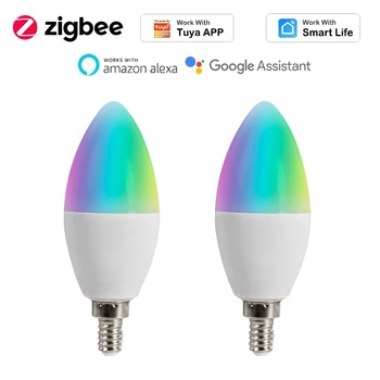 Zigbee 3.0 RGBCW 5W LED Žvakių Lemputė Tuya Smart Gyvenimo Smartthings Balso Kontrolė Veikia Su Alexa 