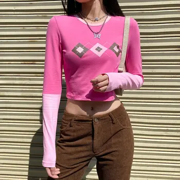 Zoulv 2020 Rožinė Geometrinis Modelis Rudens Žiemos Moterų Asmeninį Atsitiktinis Kontrasto Susiuvimo Rhombic Trumpas Apvalios Kaklo Marškinėliai