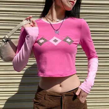 Zoulv 2020 Rožinė Geometrinis Modelis Rudens Žiemos Moterų Asmeninį Atsitiktinis Kontrasto Susiuvimo Rhombic Trumpas Apvalios Kaklo Marškinėliai