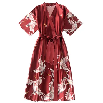 Šilkiniai Moterų Kimono Sleepshirt Raudona V-Kaklo, Chalatas, Pižama Pavasario Pižamą Prarasti Moteriškas Chalatas Lounge Spausdinti Miego Suknelė Namų Drabužiai