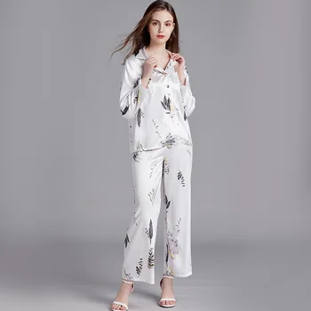 Šilkiniai Spausdinti Sleepwear 2VNT Pižama Nustatyti Moterų Satino Marškinėliai&Kelnės naktiniai drabužiai Atsitiktinis Intymus apatinis Trikotažas Pižamą 2021 Naujos Pižamos
