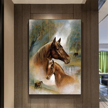 Šiltų motinos ir vaiko arklių dekoratyvinės tapybos drobės tapybos namo gyvenamasis kambarys, valgomasis