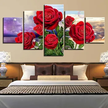 Šiuolaikinės Drobė HD Spausdinti Paveikslėliai Namų Dekoro 5 vnt Raudona Rožė Gėlių Tapyba Modulinės Įrėmintas Plakatas Sienos Meno Kambarį