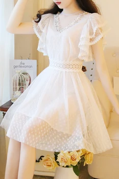 Švelnus Stiliaus Fėja Vasaros Japonijos Saldus Mielas Princesė Balta Nėrinių Užskaitos Drugelis Rankovėmis Suknelė Kolegijos Elegantiškas Saldus Suknelė