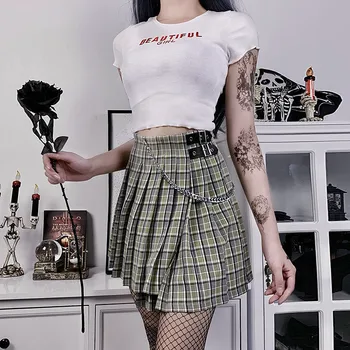 Žalia Skara Goth Moterų Plisuotas Sijonas 2020 Lady Dark Lolita Imperijos Grandines Reguliuojama Juosmens Sagtis Gothic Punk Hipster Mini Sijonas