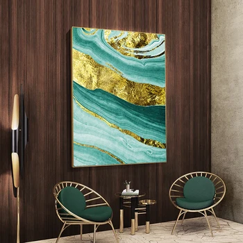 Žalia Vandenyno Skysčių Abstrakti Sienos paveiksl Aukso Folija Meno Tapybos Drobės Plakatai ir Spausdina Nuotraukas Kambarį Apdaila