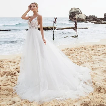 Žavingas Tiulio Paplūdimys Vestuvių Suknelė iki 2021 m. Boho V-kaklo Spagečiai Dirželiai Backless Balto Dramblio kaulo Linijos, Vestuvių Suknelės
