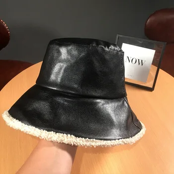 Žiemos Glabrous Hat ,Black Pu Odos Žvejys Skrybėlę Vyrams ir Moterims Japonijos Ėriukų Vilnos Šiltą Kepurę Baseino Skrybėlę Banga Kibiro Kepurę