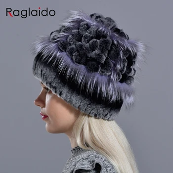 žiemos kailiniai skrybėlės moterims gamtos nekilnojamojo triušio kailio šilta megzta rankomis siuvami rex kailio gėlių fox elegantiškas merginos sniego kepurę