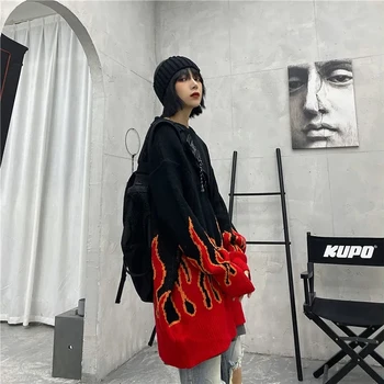 Žiemos korėjos hip-hop stiliaus moterų megztinis Harajuku krepšelį raudona rausva liepsna apvalios kaklo prarasti plius dydis moterų megztinis
