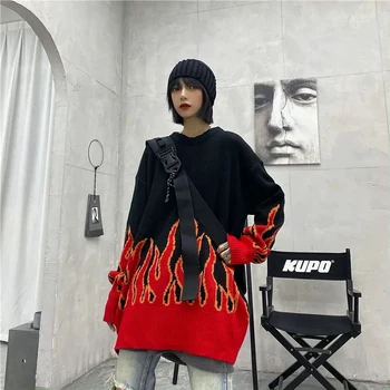 Žiemos korėjos hip-hop stiliaus moterų megztinis Harajuku krepšelį raudona rausva liepsna apvalios kaklo prarasti plius dydis moterų megztinis