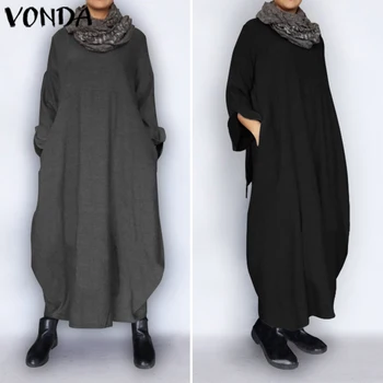 Žiemos Megztiniai Suknelė Moterų Apdaras VONDA 2021 Atsitiktinis Musulmonų Sundress Atsitiktinis ilgomis Rankovėmis Maxi Ilga Suknelė Plus Size Vestidos