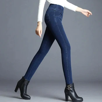 Žiemos mėlyna liesas storio džinsinis pieštuko kelnės moterims Atsitiktinis vientisų spalvų elastinga aukštos juosmens šiltas džinsai kaubojus užpakalis kėlimo legging