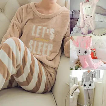 Žiemos Pižama Moterų Korėjos Sleepwear Mielas Animacinių Filmų Flanelė Pižama Nustatyti Aksomo Šiltas Pijama Apvalios Kaklo Pyjama Homewear Moterims