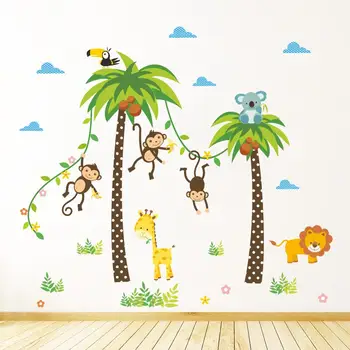 Žirafa, Liūtas, Beždžionė Palmių Miško Gyvūnai sienų lipdukai vaikams, Vaikų kambario, Miegamojo Sienų Lipdukai vaikų Darželio Dekoro Plakatas Freskos
