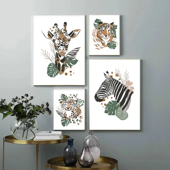 Žirafa, Tigras, Leopardas Zebra Džiunglių Šiaurės Plakatai ir Spausdina Žalias Lapas Sienos Meno Tapybos Drobės Nuotraukų Berniukų Kambarį