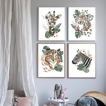 Žirafa, Tigras, Leopardas Zebra Džiunglių Šiaurės Plakatai ir Spausdina Žalias Lapas Sienos Meno Tapybos Drobės Nuotraukų Berniukų Kambarį